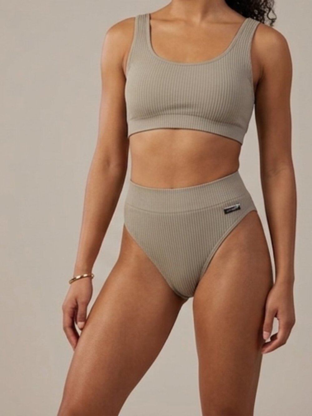 Gymshark Ribbed Two Piece Set Taupe Beige Crop Top High Waisted Bottoms Small